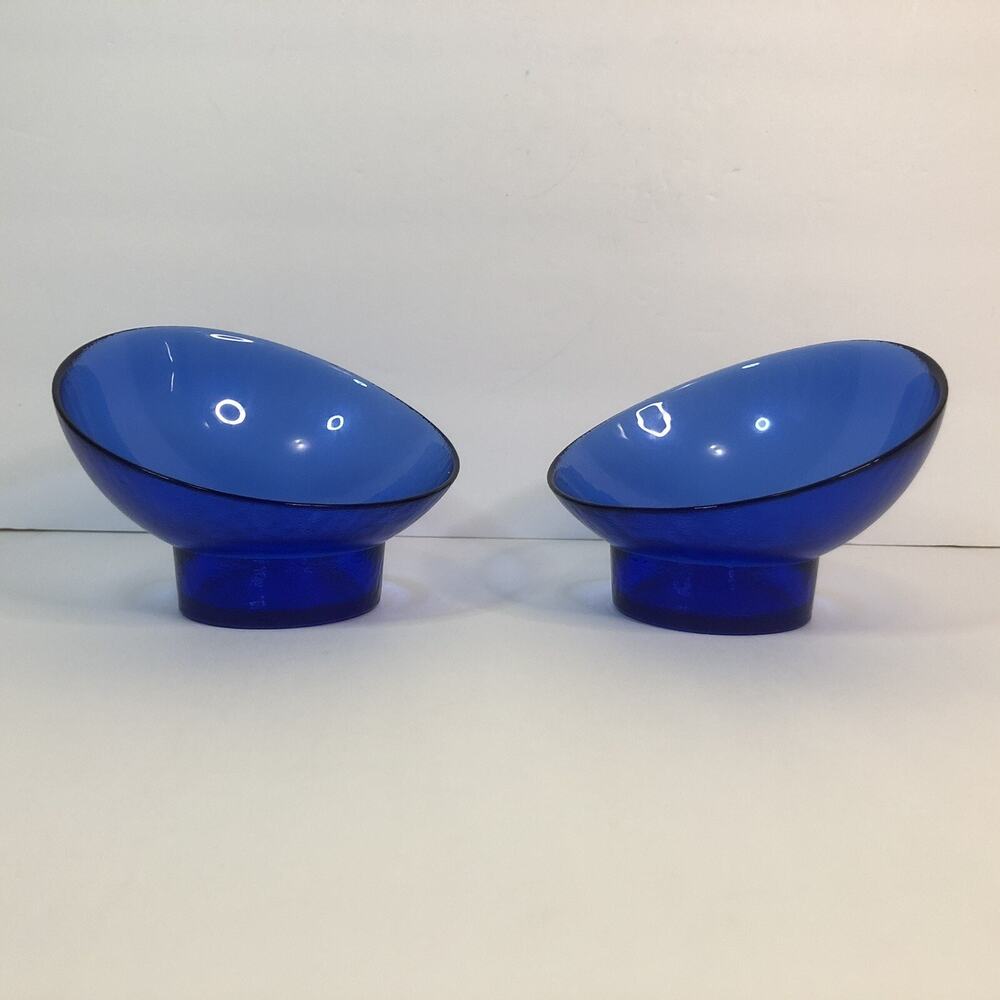 MCM egg shaped textured glass candle holder set of 2 3-inch cobalt blue